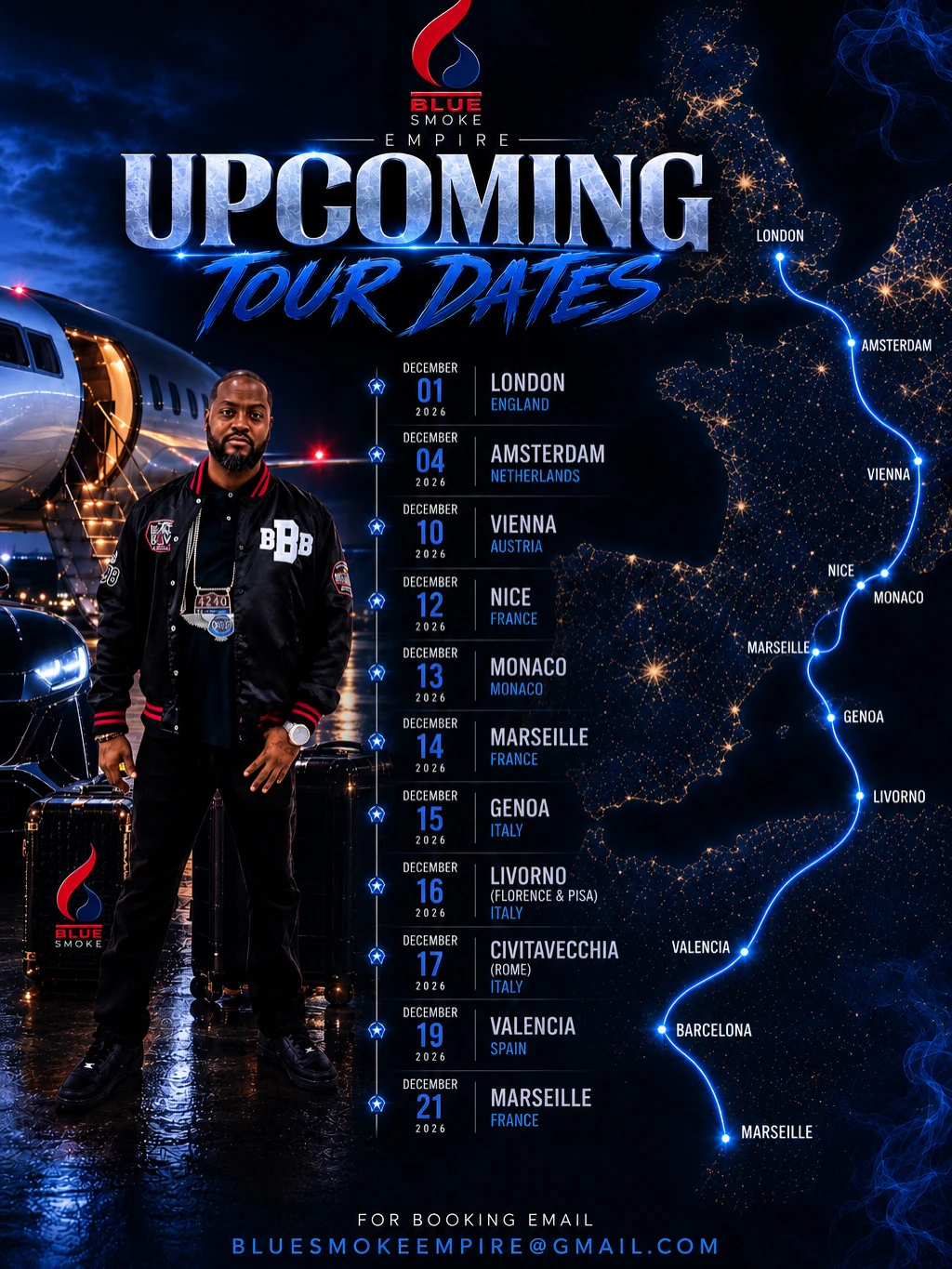 Blue Smoke Empire upcoming tour dates across Europe in December 2026. All dated stops are listed alongside this poster.